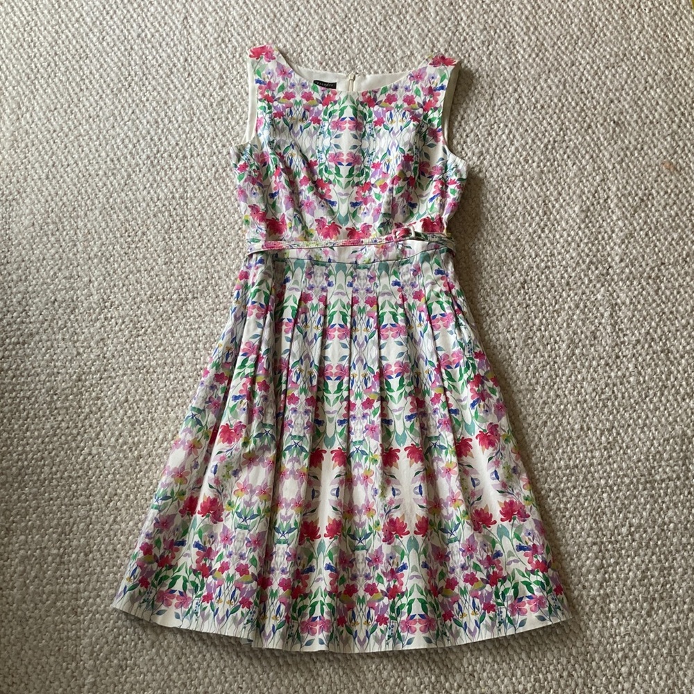 Talbots Floral Fit-and-Flare Dress in White, Pink and Green